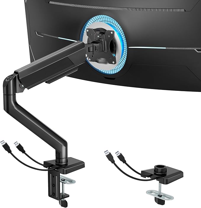 ARES WING Heavy Duty Single Monitor Arm - Fully Adjustable Monitor Mount for 40 34 32 27 Inch Ultrawide Screens Up to 26.4 lbs with Clamp/Grommet Desk Mount and USB A/C, 75/100 Vesa Mount, Black