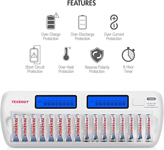 Tenergy TN438 16 Bay Battery Charger for AAA and AA Rechargeable Batteries, AA/AAA NiMH/NiCd Rechargeable Batteries Charger with AC Wall Adapter and Car Adapter
