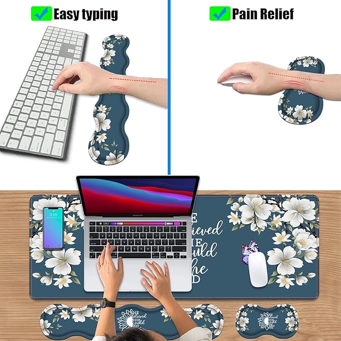 Ergonomic Keyboard Wrist Rest & Mouse Pad Wrist Rest Set, She Believed She Could So She Did Inspirational Quote Large XXL Gaming Desk Mat 31.5"x 11.8" with Non-Slip Base for Home Office Study Gaming