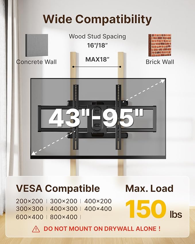 monTEK Full Motion TV Wall Mount for 43"–95" TVs, Pre-Assembled & up to150lbs, Heavy Duty TV Mount Bracket with Tool-Free Tilt/Swivel/Extension, Max VESA 800x400, Fits 16"/18" Studs, HW1242BK