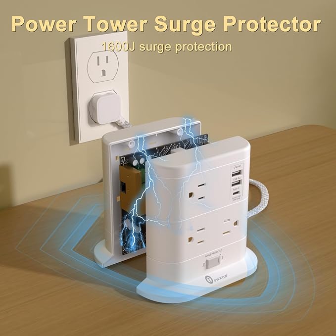 Overtop Tower Power Strip with Surge Protection, Nightlight Flat Plug Power Strip with 7 AC Outlets 3 USB Ports, 1625W/13A 1600J, 6.5Ft Extension Cord with Multiple Outlets, Office Supplies, Dorm