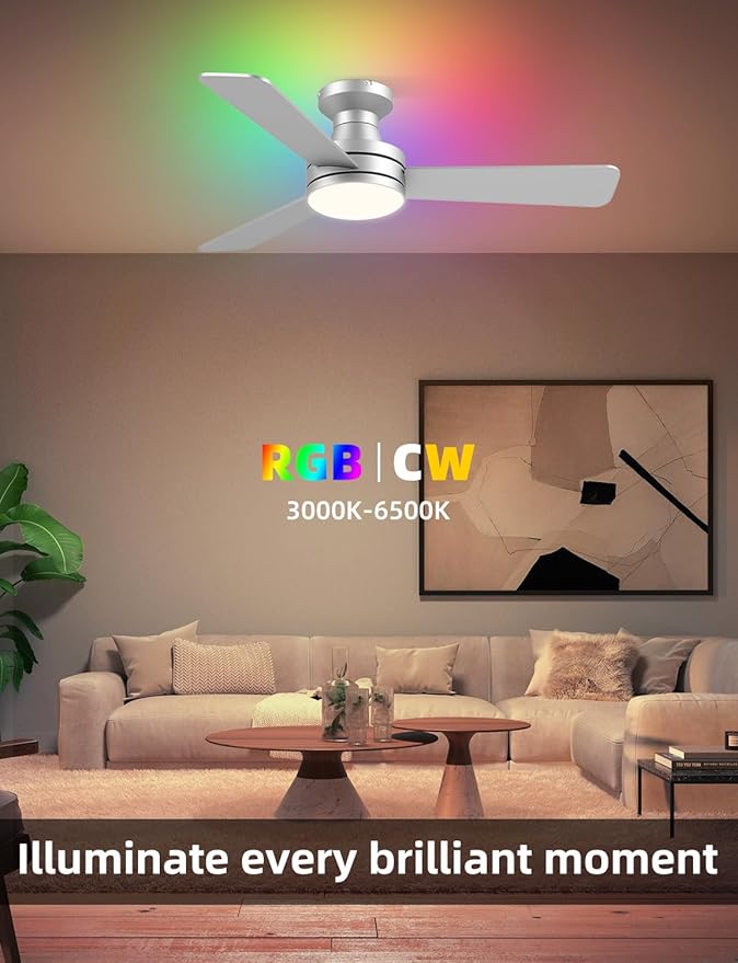 Homlit 42 inch RGB Ceiling Fan with Light, Smart App & Remote Control Low Profile Flush Mount, Music Sync Lighting, 6-Speed Quiet Reversible DC Motor, 4CCT Dimmable for Home Office Party, Silver