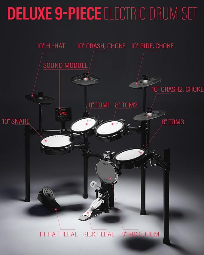 AKLOT Electric Drum Set with Kick-Tower: 4 Dual Zone Mesh Pads, 8’’ Tower-Style Kick Drum, 10’’ Snare, Dual Zone 10’’ Cymbals with Choke, 360 Sounds, User Kit, USB-MIDI, Throne, B-CORE 540 Air, Black
