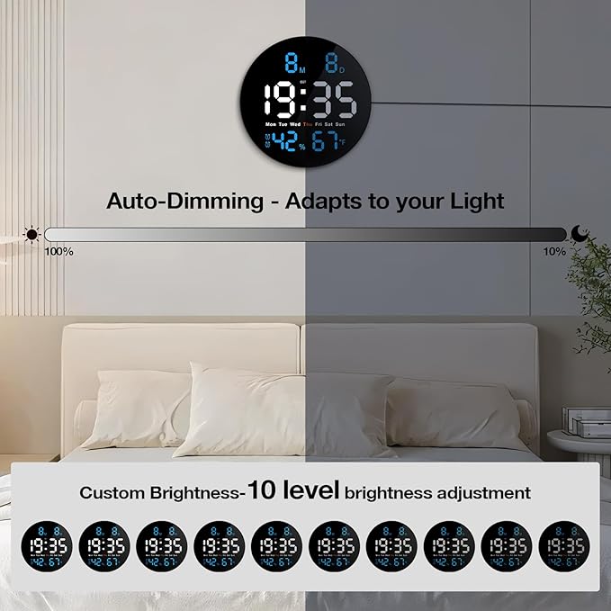 Brauthon Large Digital Clock for Classroom, Digital Classroom Clocks for Teachers, 10" Round LED Clock with Large Display，Date, Countdown Timer, Remote Control, Temperature, Electric (Blue)
