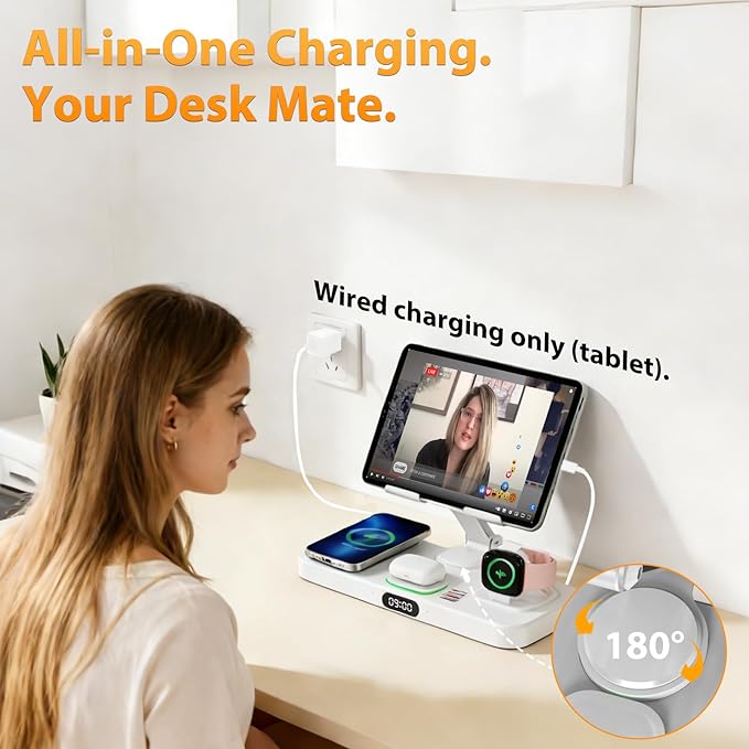 30W Charging Station for Apple Products, Foldable Wireless Charger with Clock Display&7 Color Light, Wired Charging for iPad/Tablet Charging Station for iPhone16, for Apple Watch10 for AirPods4(Cream