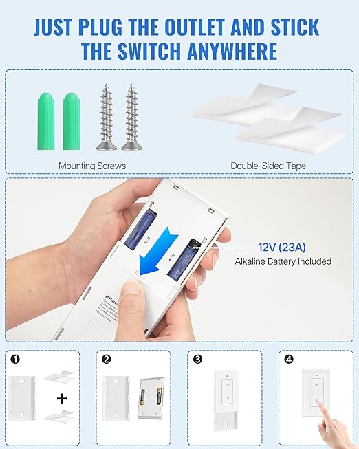 Remote Control Outlet WILAWELS Wireless Light Switch, 2 Pack Expandable and Removable Remote Outlet Switches for Christmas Light, Lamp, Appliance, FCC Listed, 1 Controller for 2 Outlets W05RC1206