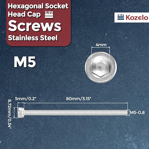 Kozelo 10pcs Socket Head Cap Screws - [M5-0.8 x 80mm] 304 Stainless Steel Allen Socket Drive for Electrical Motor 3D Printing Fan Engine Replacement Use, Silver