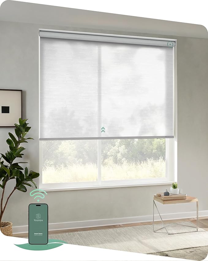 Yoolax Motorized Blinds App Control, Light Filtering Motorized Shades for Windows, Cordless Automatic Roller Shades for Bedroom Living Room Office(Light Filtering Jacquard White, 23" W x 72" H)