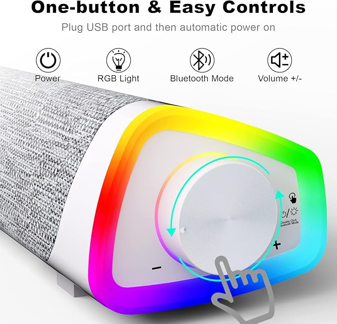 SOULION R30 Plus Bluetooth Computer Speakers, All-in-One Control Button with 6 Modes LED Lights PC Speaker, Wired USB Powered Surround Soundbar for Desktop Monitor Laptop White