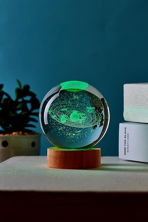 Conalisk 3D Solar System Crystal Ball Lamp,3.15 Inch K9 Crystal Ball Night Light with Wooden Base,16 Colors Changing with Remote Control,3D Planet Laser Engraving Holographic Light (Solar System)