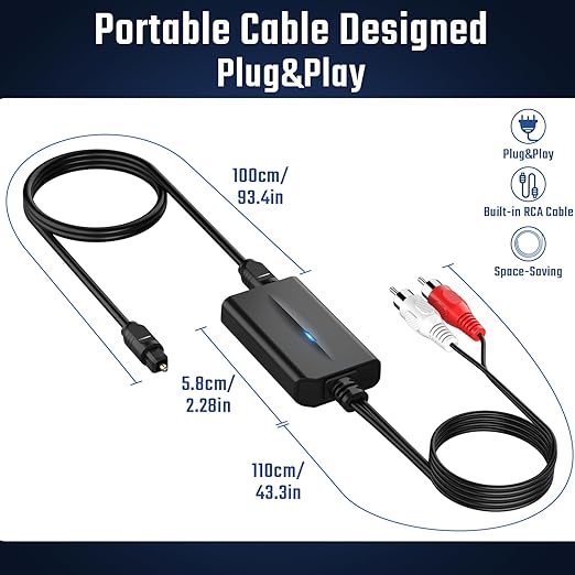 192kHz DAC Digital to Analog Audio Converter 7ft/2.1m Digital Audio Optical to RCA Cable SPDIF to RCA Converter with Built-in Audio Amplifier Chipset for HDTV, DVD, Blu-Ray Players