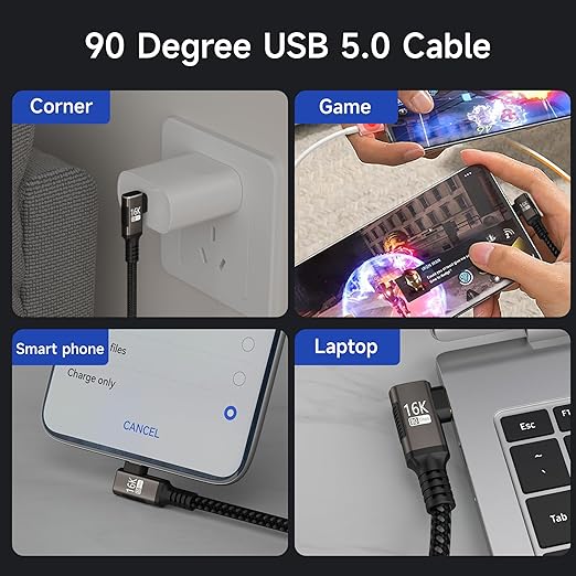 right angle USB-C Cable 3.3FT Compatible With Thunderbolt 5/4,Type C 240W Fast Charging,USB C 16K@60Hz/8K@120Hz HD Video Output for Display,USB 5/4 90 degree Cable 80Gbps Data Transfer for SSD/Dock.