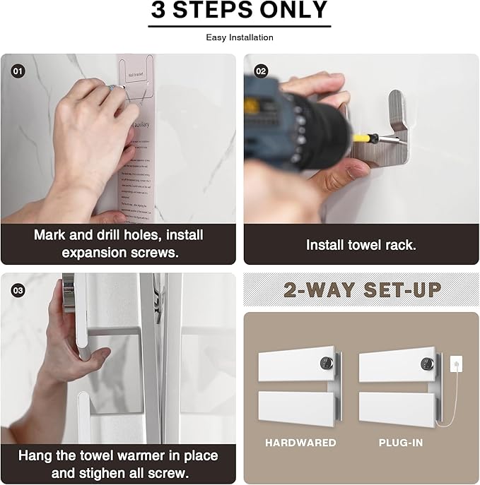 K&KALONZO Electric Towel Warmer, 18.35" W x 14.6" H Wall-Mounted Towel Heater with Built-in Timer, Waterproof Aluminum Towel Warmer for Bathroom, Support Plug-in and Hardwired, White, K2-R-W