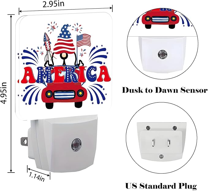 FSHVQKD Happy Independence Day Night Light,Plug Into Wall with Dusk to Dawn Light Sensors, Warm Nightlights for Bedroom, Bathroom, Hallway, Kitchen, Gifts Ideal for Boys Girls Women Men