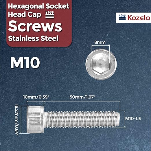 Kozelo 12pcs Socket Head Cap Screws - [M10-1.5 x 50mm] 304 Stainless Steel Allen Socket Drive for Electrical Motor 3D Printing Fan Engine Replacement Use, Silver