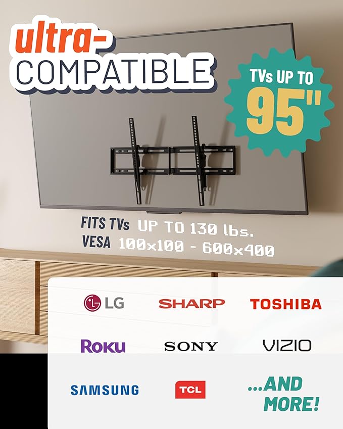 ECHGOGEAR XL Tilting TV Wall Mount for 42” to 95” TVs up to 130lbs – Reduce Glare w/ 10 deg Tilt - Universal TV Mount w/Easy DIY Install, Foldable Bracket, Drilling Template & Included Hardware