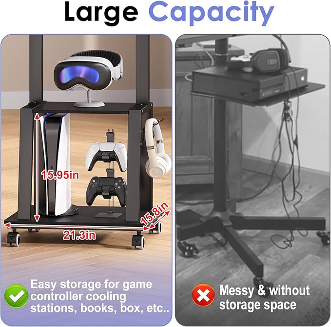 Rolling TV Stand on Wheels for 23-60Inch Flat/Curved Screen TVs,Tilt Mobile TV Cart with 2 Shelves,Portable TV Stand with Adjustable Height Holds up to 50lbs for Indoor Outdoor Max VESA 400x400mm