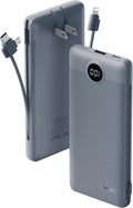 VRURC Portable Charger Built-in Cables and AC Wall Plug, USB C Power Bank 10000mAh, Travel Battery Portable Phone Charger Compact Lightweight External Battery Pack for Smart Phones, Tablets etc-Grey
