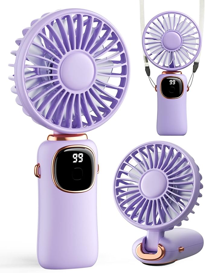 coldSky Portable Handheld Fan, 4000mAh Battery Operated 3 in 1 Multifunction Personal Travel Fans with Digital Display, 90° Foldable Desk Fan with Base, 5 Speed Lash Fan for Makeup/Commute/Office
