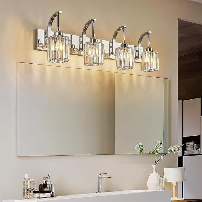FDPBY 4-Light Crystal Vanity Light, Modern Chrome Bathroom Wall Sconce with K9 Crystal Shades, 32.67" Long Over Mirror Lighting for Vanity, Makeup, Hallway, Elegant & Easy Install