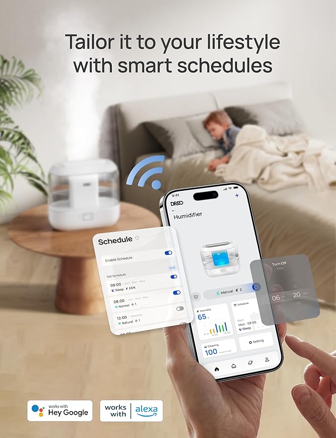 DREO Smart Humidifiers for Bedroom, Top Fill 4L Supersized Humidifier Large Room with 28 dB, 36H Runtime, Touch/APP/Voice Control, Nightlight, Cool Mist Humidifiers for Baby, Plants, Indoor, White