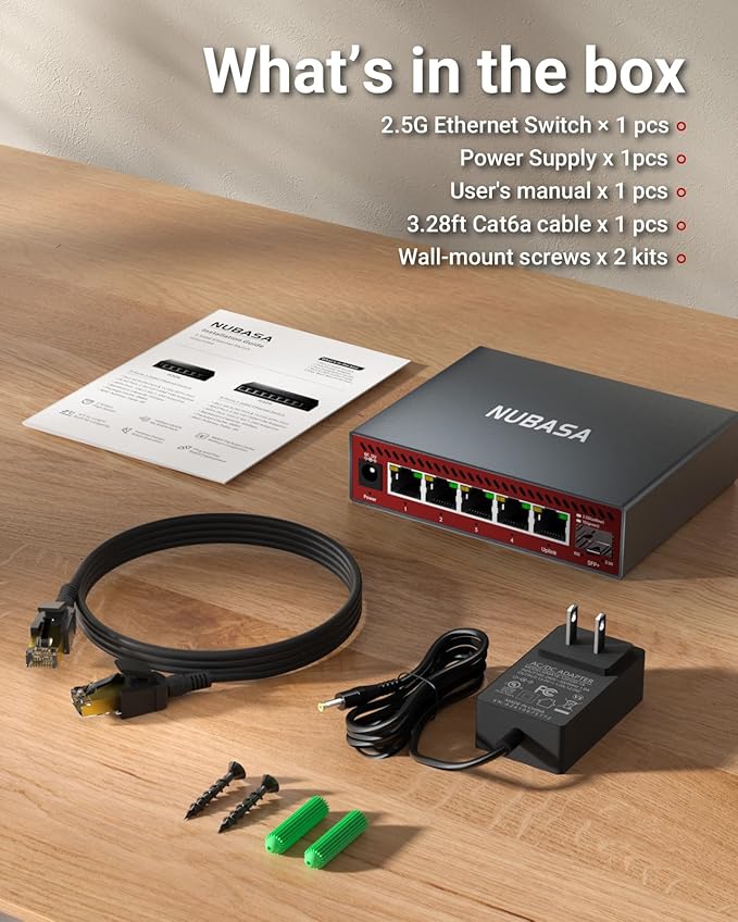 NUBASA 5-Port 2.5Gb Switch with 10Gb SFP+ Port, Unmanaged Multigig Ethernet Splitter for NAS, Gaming, PC - Plug & Play, Silent Aluminum Housing, 2.5 Gigabit Network Switch
