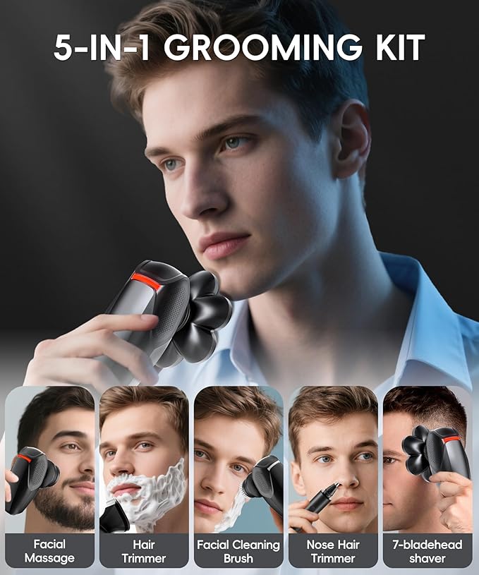 MALEGEBAZ Head Shaver for Bald Men：IPX8 Waterproof 7D Magnetic Electric Head Shaver with LED Display, USB-C Fast Charge, Travel Lock & 5 Attachments, Valentines Day Gifts for him,Black