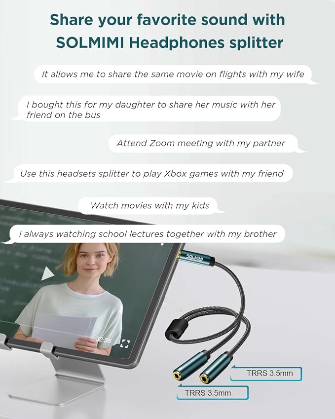 SOLMIMI Headphone Splitter for 2 Headphones, TRRS 3.5mm Male to 2 Female Audio Jack Splitter Adapter Compatible with Two Headsets or Microphones to PC, Laptop, Smartphones, PS4, PS5, Xbox - 1 FT