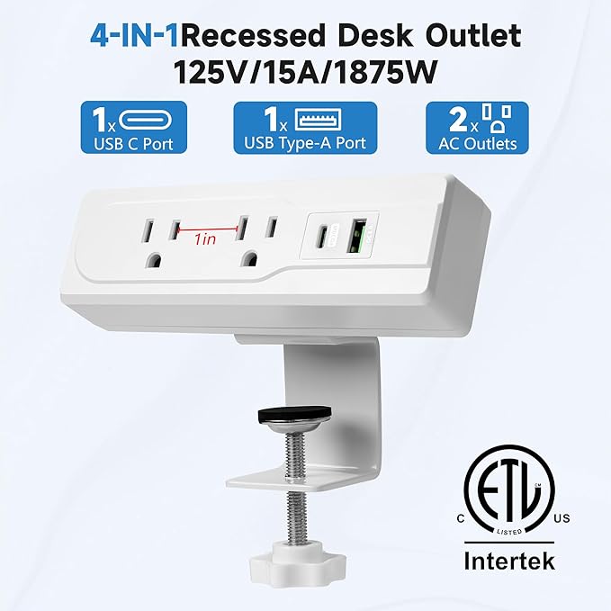 Desk Clamp Power Strip with 6 Feet Extension Cord,45 Degree 3-Prong Thin Flat Plug, 2 Widely Spaced AC Outlets,2 USB Port (20W PD USB-C & 18W QC3.0 USB-A) Desk Edge Mount Power Strip,16AWG, ETL Listed