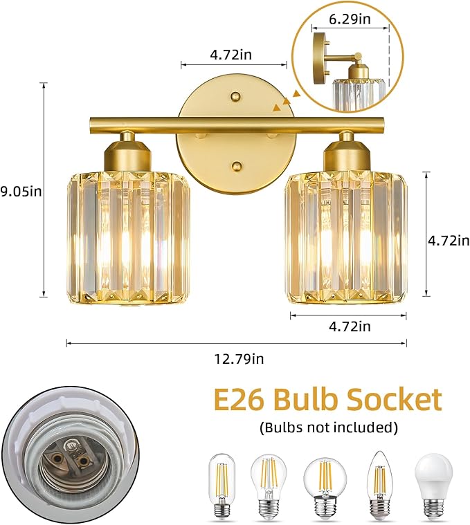 FDPBY Modern 2 Light Crystal Vanity Light, Gold Vertical Bathroom Light Fixture Over Mirror for Dressing Table Sink, Compatible with Dimmable Bulbs (Bulbs Not Included)