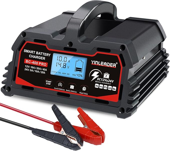 Battery Charger 40A, 12V/24V Lead Acid Smart Battery Charger, 12V LiFePO4 Car Battery Trickle Charger, Automatic Battery Maintainer for Car Motorcycle Lawn Mower Marine Boat Lead Acid Batteries