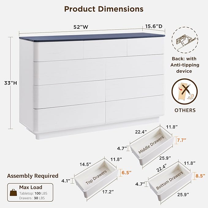 JXQTLINGMU 9 Drawer Dresser for Bedroom, 52" Wide Modern Wood Dressers with Push-to-Open Drawers for Closet Storage, Chest of Drawers TV Stand for Living Room & Hallway, Curved Profile, White Oak