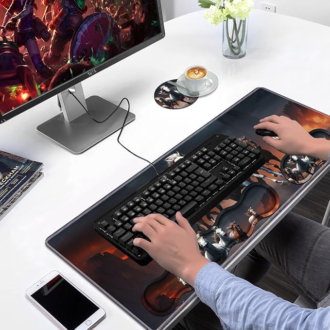 Ergonomic Keyboard Wrist Rest & Mouse Pad Wrist Rest Set, Large XXL Gaming Desk Mat 31.5"x 11.8" with Non-Slip Base, Memory Foam, Easy Typing Pain Relief for Home & Office, Running Horses