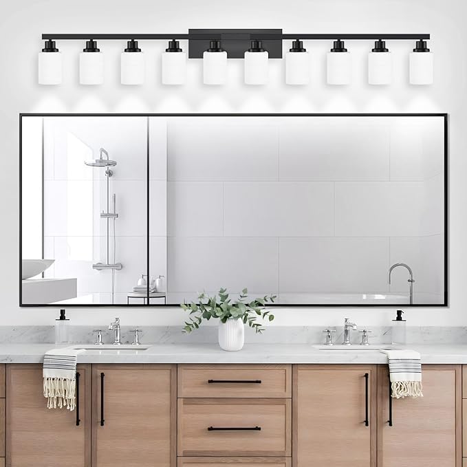 DIKAIDA 10 Light Bathroom Vanity Lights Over Mirror, 65.4 inch Black Vanity Lights Fixtures with White Glass Shades Matte Black Modern Vanity Lights Black Bathroom Wall Lighting for Mirror Bedroom