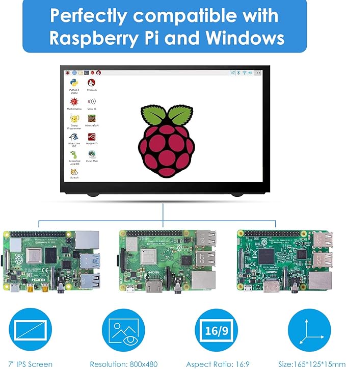 HMTECH 7 Inch Raspberry Pi Screen 800x480 HDMI Portable Monitor IPS LCD Screen Display for Raspberry Pi 5/4/3/2/Zero/B/B+ Win11/10/8/7 (Non-Touch)