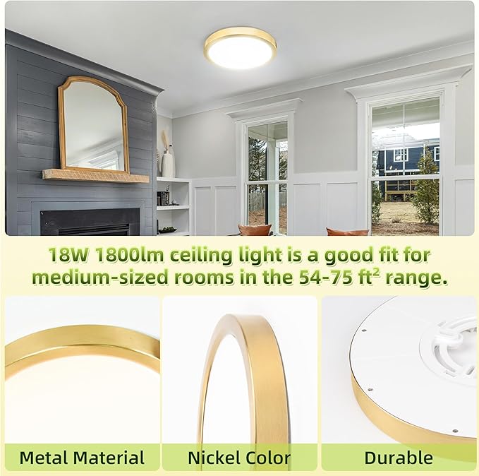 hykolity 2 Pack 9 Inch Selectable CCT LED Round Flat Panel Light, 18W 1800LM 3000K/4000K/5000K, Edge-Lit Flush Mount Ceiling Light Fixture for Kitchen, Bedroom, Laundry and Closet Room，Gold