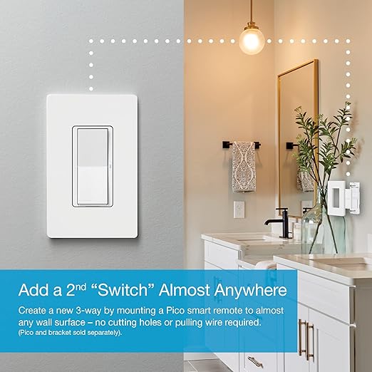 Lutron Claro Smart Light Switch for Caseta Lighting, for LED Lights, Fans, 5 Amp, Single-Pole/3-Way, Neutral Required, DVRF-5NSS-WH-2, White, 2 Pack