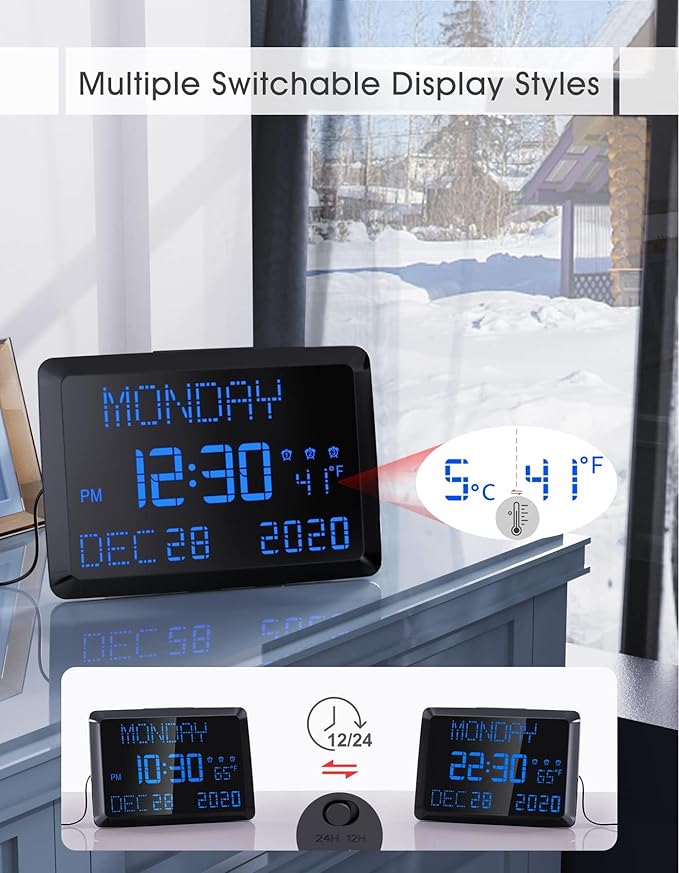 11.5" Large Display Digital Calendar Clock for Seniors, Digital Clock with Date and Day of Week for Elderly, 3 Alarms, 5 Dimmer, Temperature, Alarm Clock for Bedroom Living Room