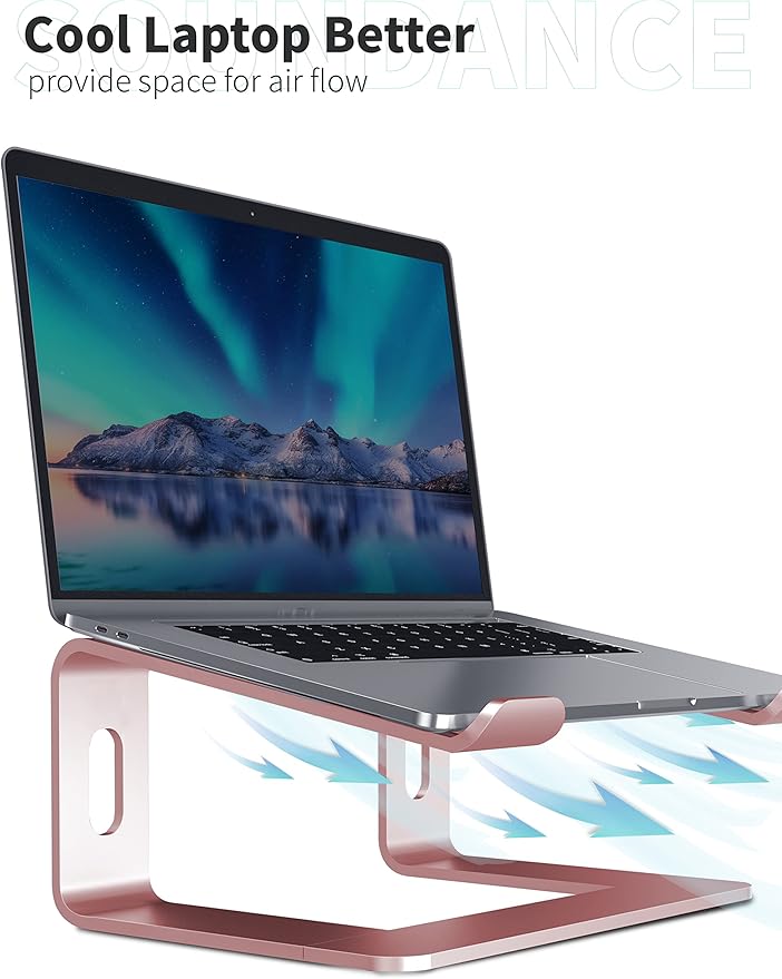 SOUNDANCE Laptop Stand, Aluminum Computer Riser, Ergonomic Laptops Elevator for Desk, Metal Holder Compatible with 10 to 15.6 Inches Notebook Computer, Gold Pink