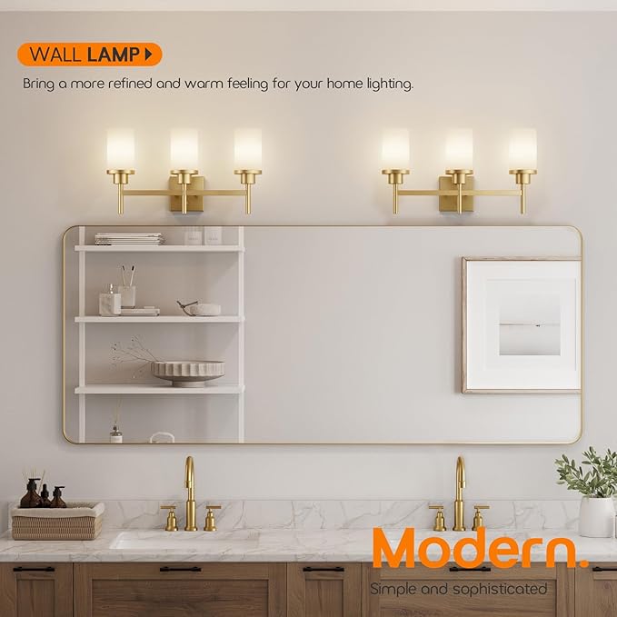 AONEON Bathrom Light Fixtures Modern Gold 3 Vanity Lights Over Mirror, Wall Lamps with White Frosted Glass Shade for Toilet Washroom Bath T001GD-L3