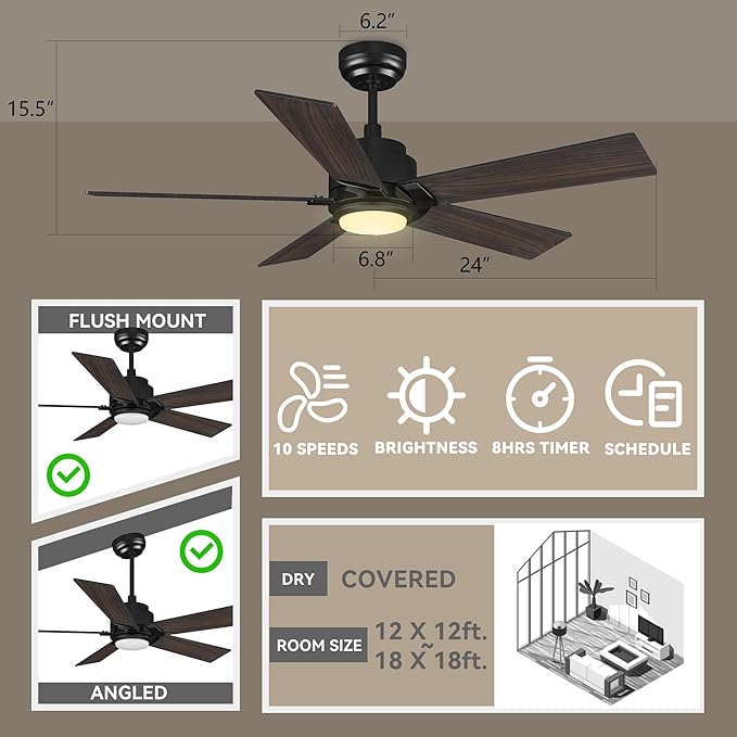 SMAAIR Smart Ceiling Fan with Light, 48inch Indoor and Outdoor ceiling fan with Remote, Compatible with Alexa/Google Assistant/Siri Shortcut, App control with Timer and Schedule(Walnut/Light Wood)