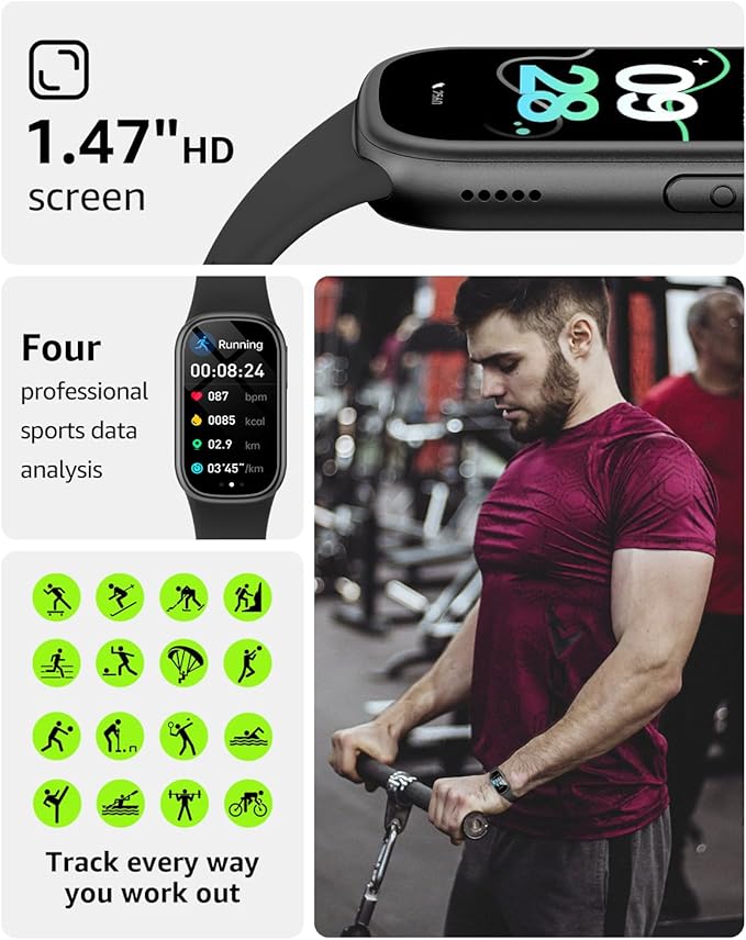 Asmoda Fitness Tracker (Answer/Dial Call), Smart Watch with 1.47" HD Touch Display, 130+ Sport Modes Activity Tracker with Sleep Monitor, IP68 Waterproof Tracker for Android&iPhone Women Men