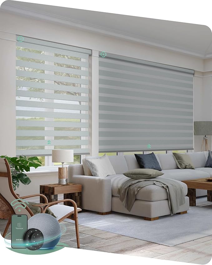 Yoolax Motorized Zebra Blinds Compatible with Alexa,Motorized Blinds with Remote Smart Automatic Custom Electric Window Blinds Cordless Indoor Blackout for Home Bedroom Kitchen (Starry Gray)