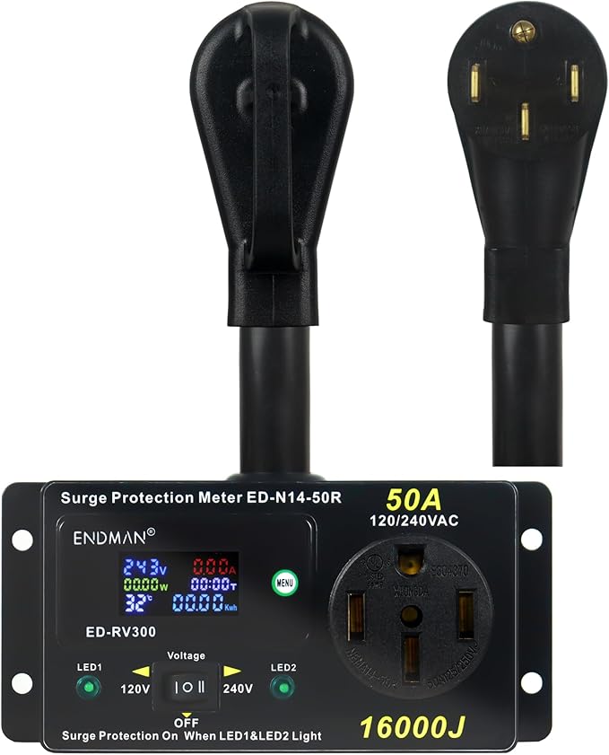 50 Amp RV Surge Protector with kWh Energy Monitor - 16,000 Joules Lightning Protection - Digital Power Meter Display (Volts, Amps, Watts, Temp) for Motorhome (NEMA 14-50P)