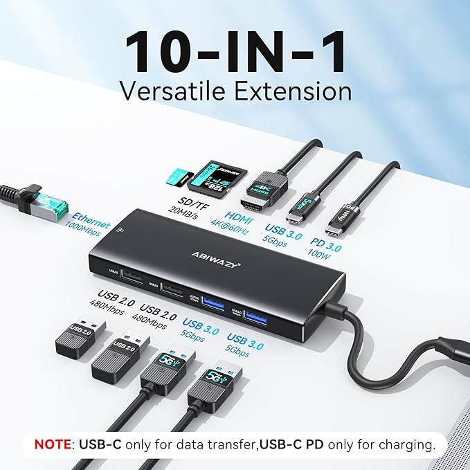 USB C Hub Multiport Adapter, ABIWAZY 10 in 1 USBC to Ethernet Adapter with 4K HDMI, Ethernet Gigabit, 100W PD, USB-C Data Port and SD/TF Slot for MacBook Pro/Air, Dell XPS, iPad Pro, Galaxy (Black)