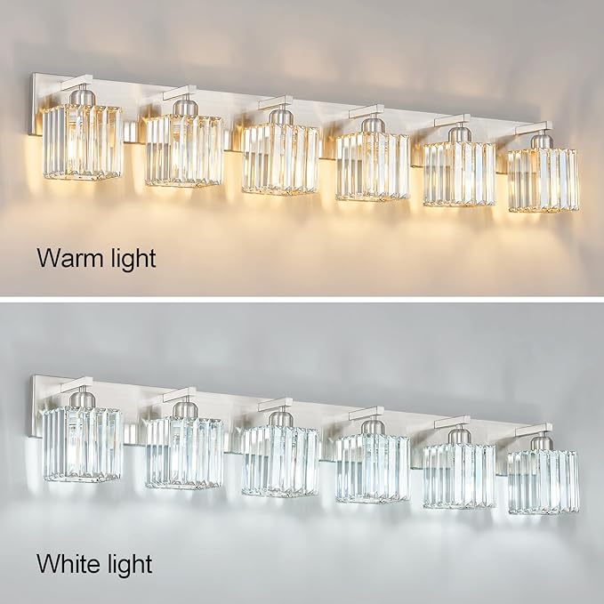 FDPBY Modern Vanity Light 6-Lights Brushed Nickel Vanity Light Crystal Bathroom Wall Light Bathroom Light Fixtures