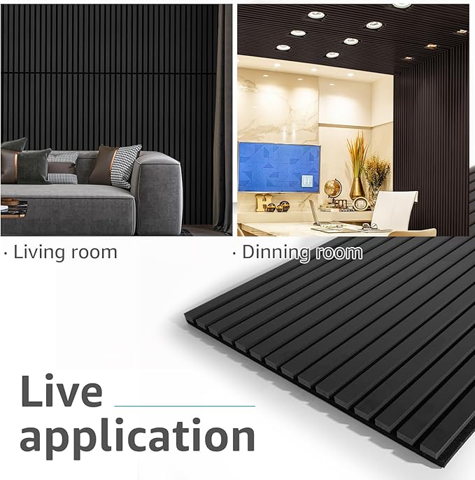 Art3d 4 Pack 47.2 x 23.6in. Wood Slat Acoustic Panels for Wall and Ceiling - 3D Fluted Sound Absorbing Panel with Wood Finish - Matte Black