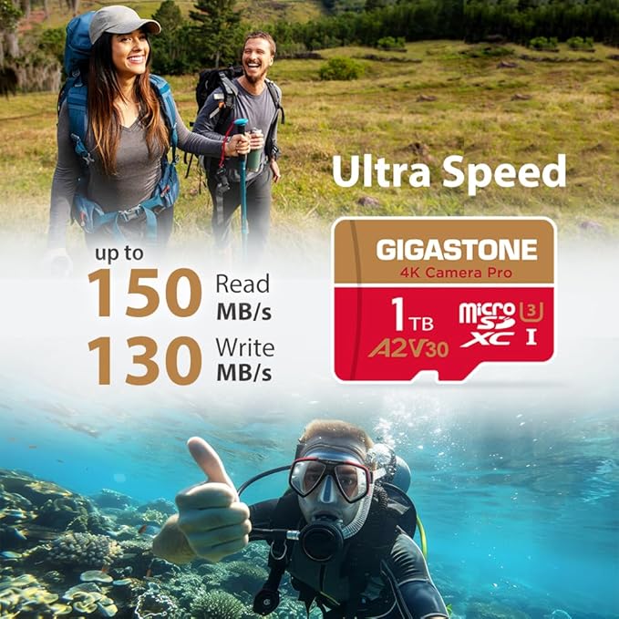 【5-Years Data Recovery】 GIGASTONE 1TB Micro SD Card, 4K Camera Pro, R/W up to 150/130 MB/s, 4K Video Recording for GoPro, DJI, Drone, MicroSDXC Memory Card UHS-I U3 A2 V30, with Adapter