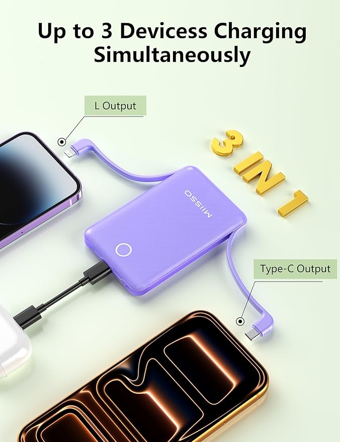 miisso 10000mAh Mini Portable Charger with Built in Cable, Pocket Size Power Bank Travel External Battery Pack for Phone, 3 Output USB Type C Cord Clutch Compatible with iPhone, Samsung, Purple