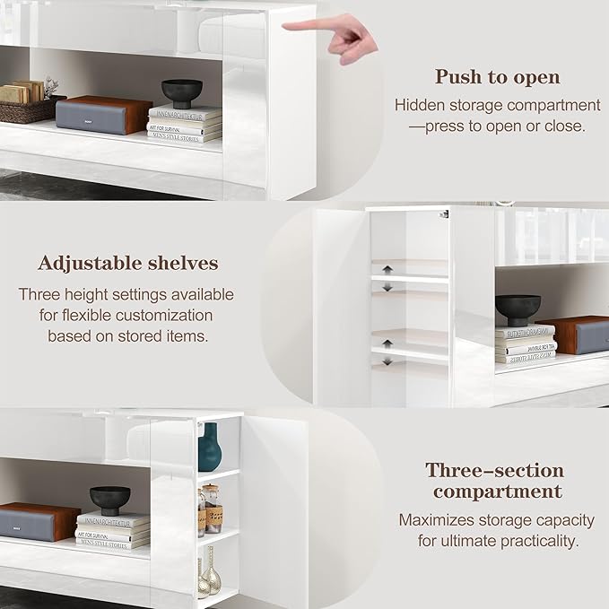 Vavkorkula High Gloss TV Stand for 65 Inch with 2 Large Drawers & Hidden Storage Cabinets, Modern Entertainment Center Television Stands for Living Room Bedroom, White